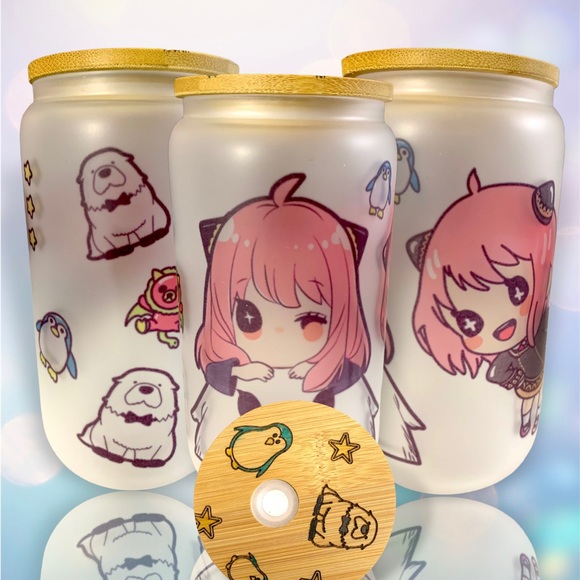 Cute kawaii chibi Anya (s*y family) theme 16oz glass beer can cup - Picture 3 of 10